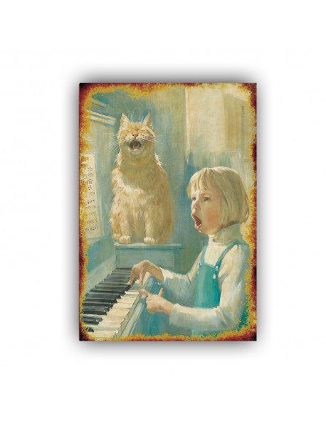 PİYANİST KEDİ AHŞAP POSTER 20x30cm  - 44