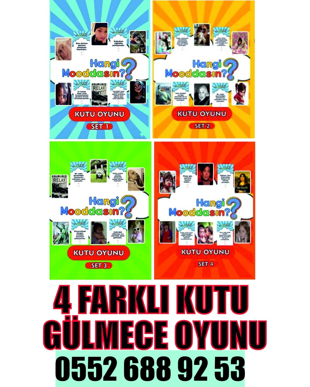 12 ADET HANGİ MOODDASIN? KUTU GÜLMECE OYUNU SET-1-2-3-4 (12'li KARIŞIK SET)
